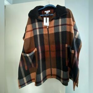 Nine West Brown Rust and Black Plaid Zip-Up Poncho